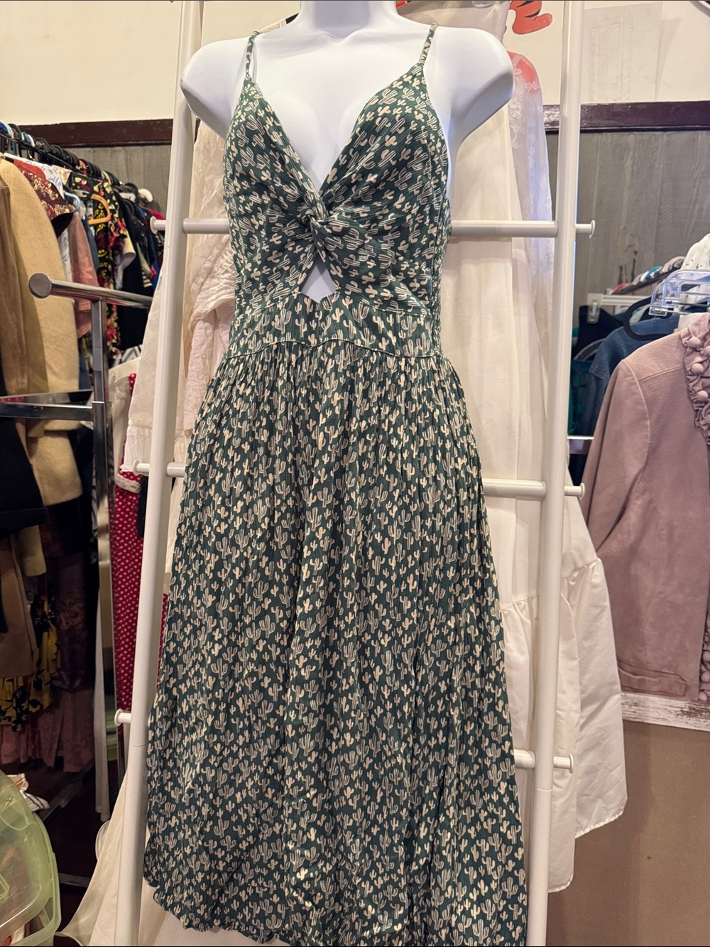 Angie Green Cactus-Print Tie-Front Midi Dress